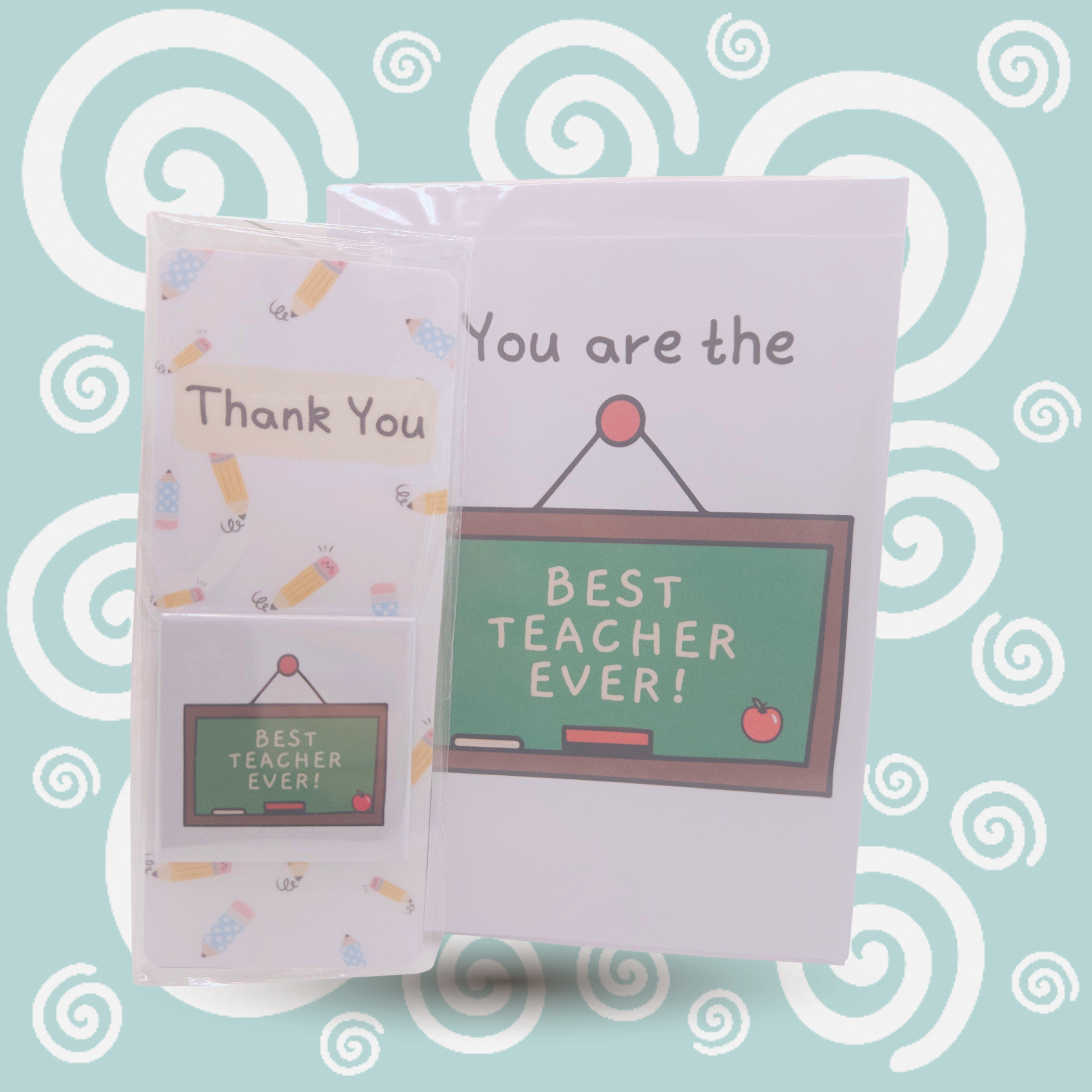 teacher card and magnet displayed on a green swirled background