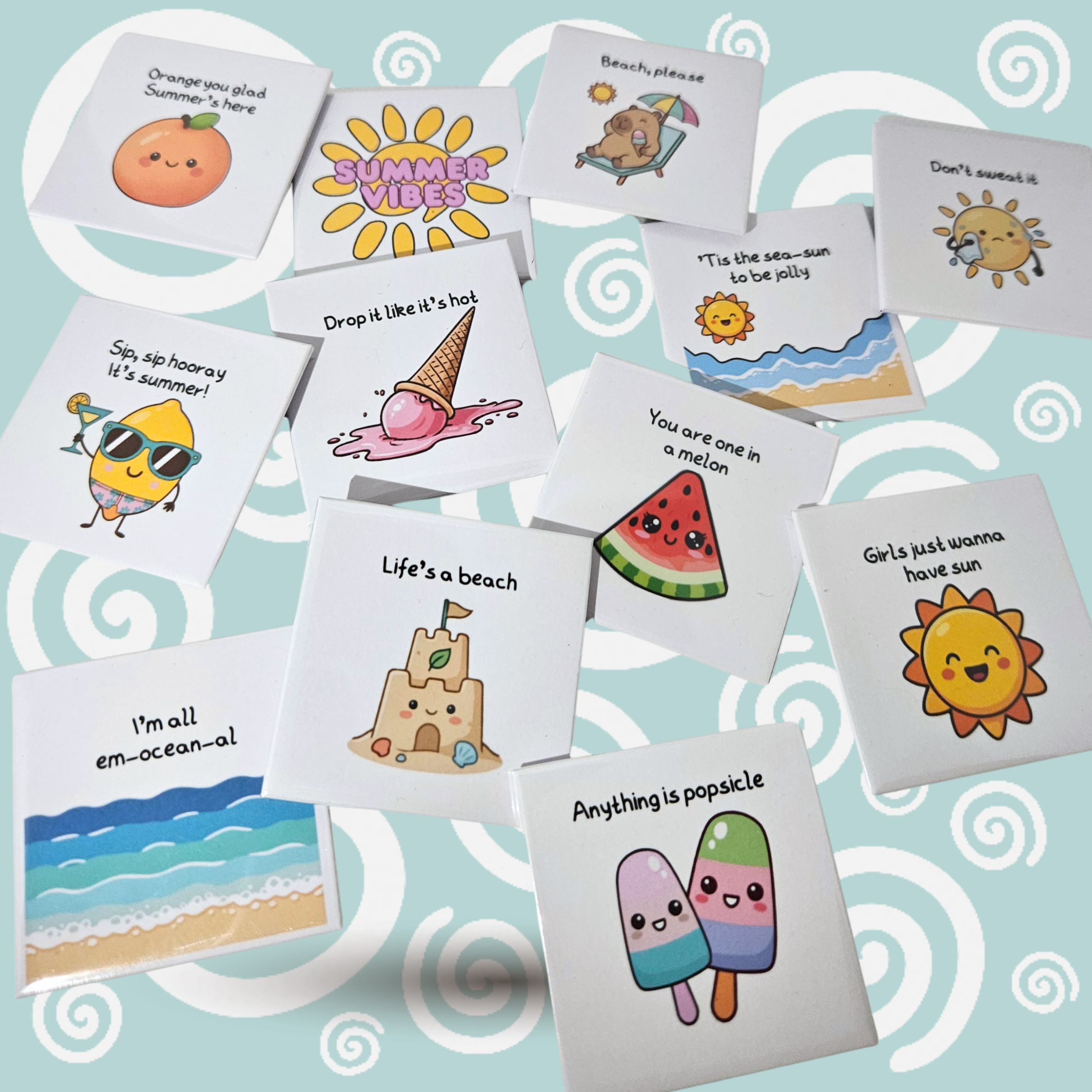 a collection of summer style magnets with cartoon designs