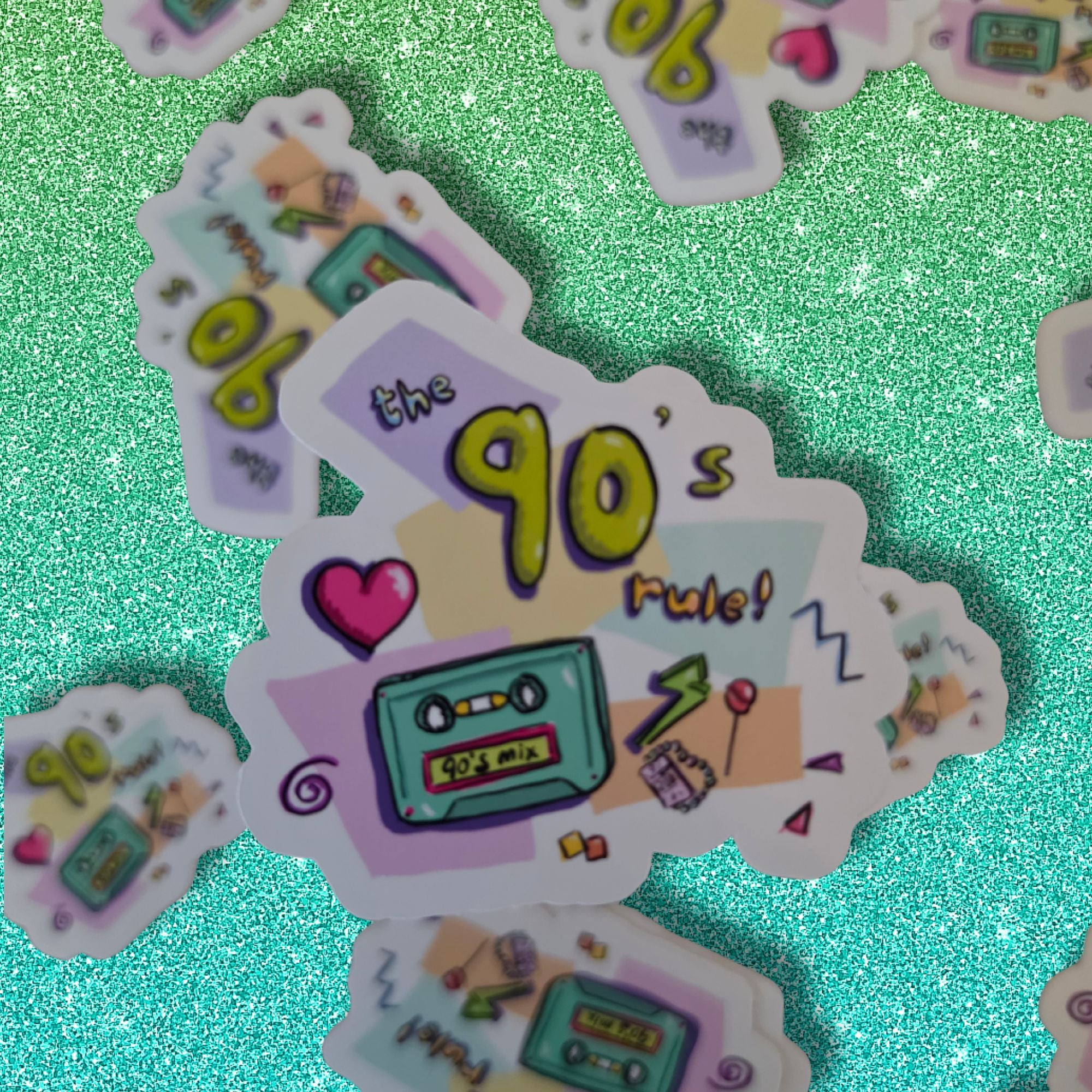 nostagic 90s themed die cut stickers with multicoloured hand drawn images