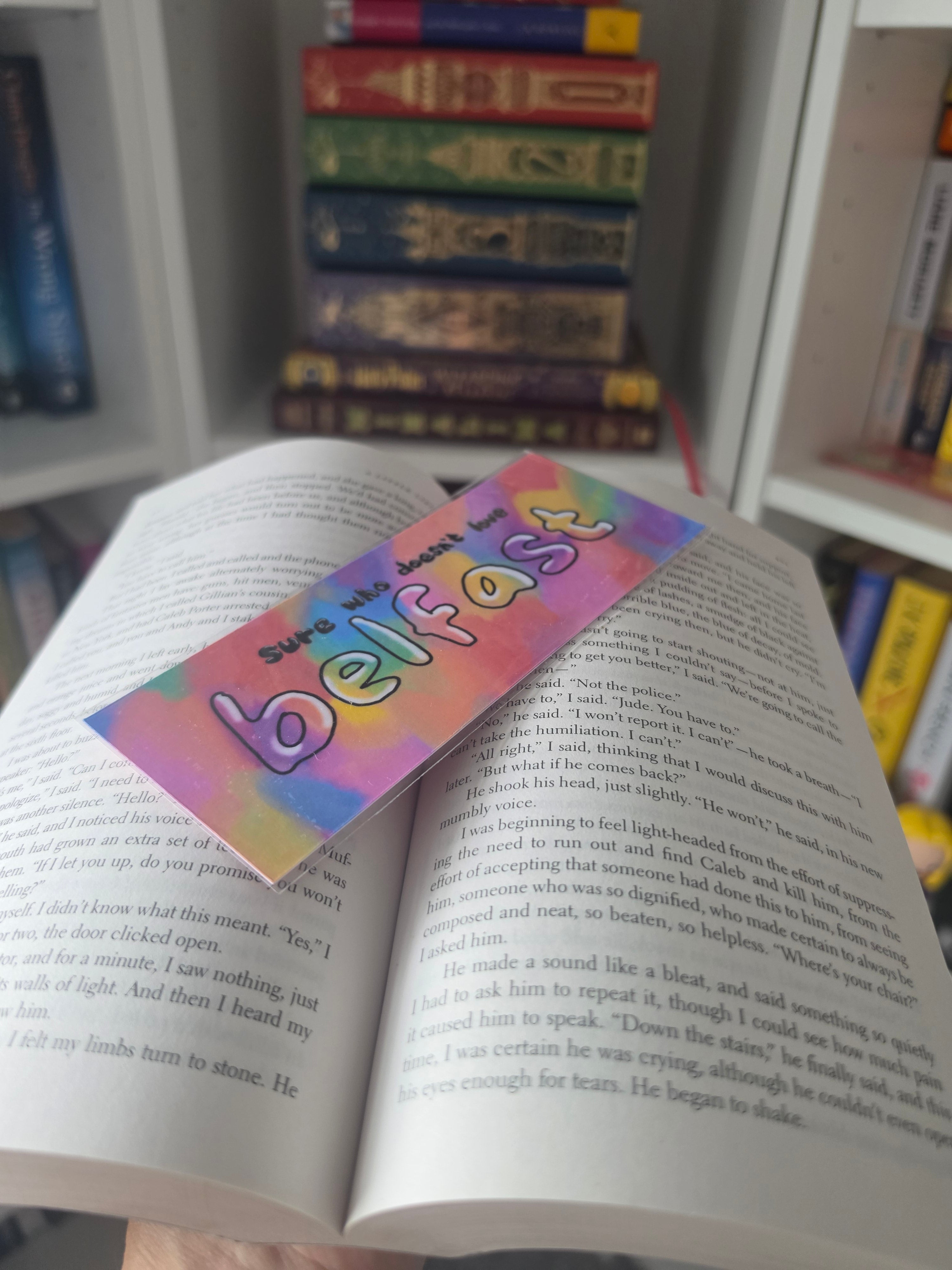 bright coloured Belfast bookmark displayed in a book