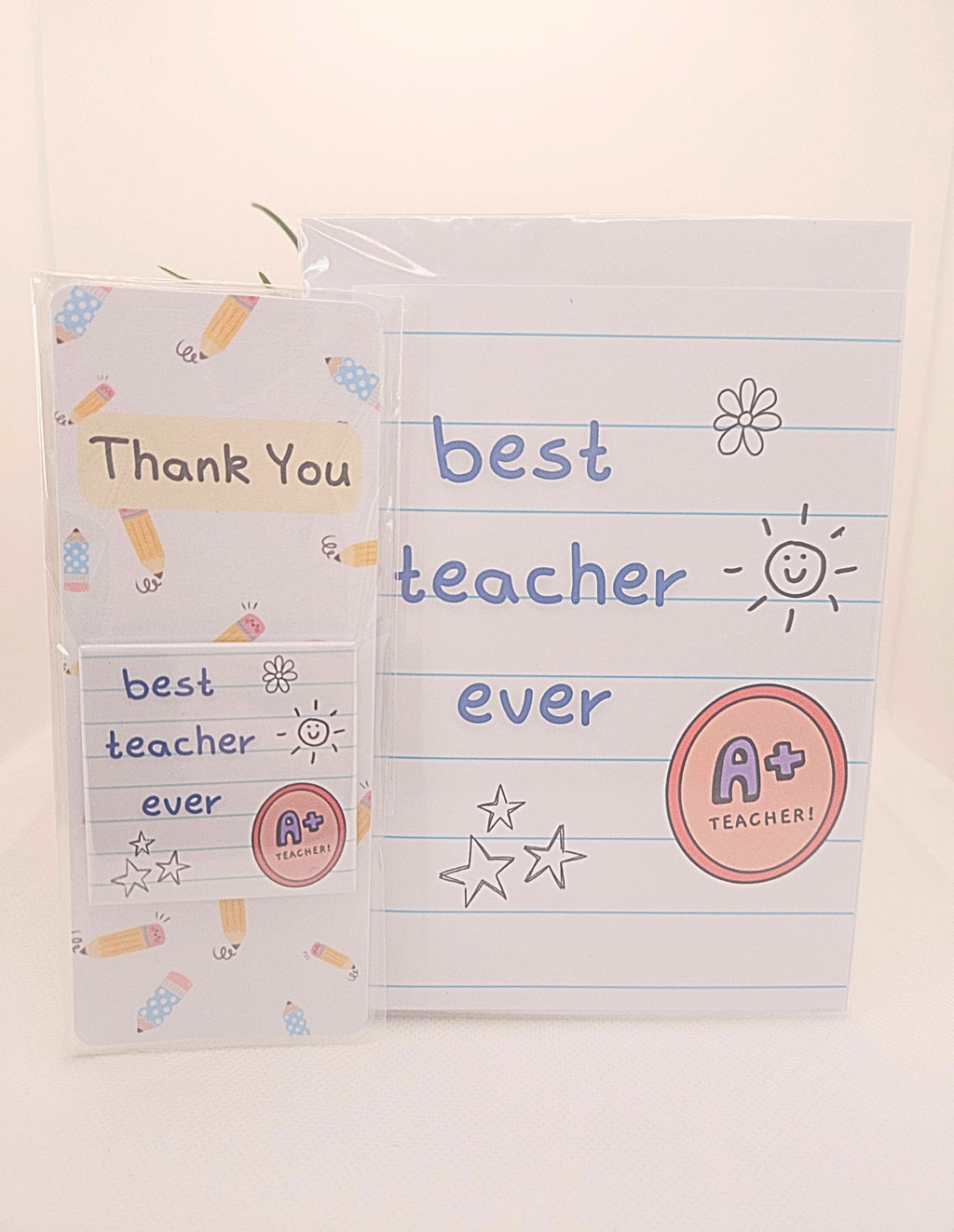 card magmet amd bookmark with best teacher ever text on a notepad background