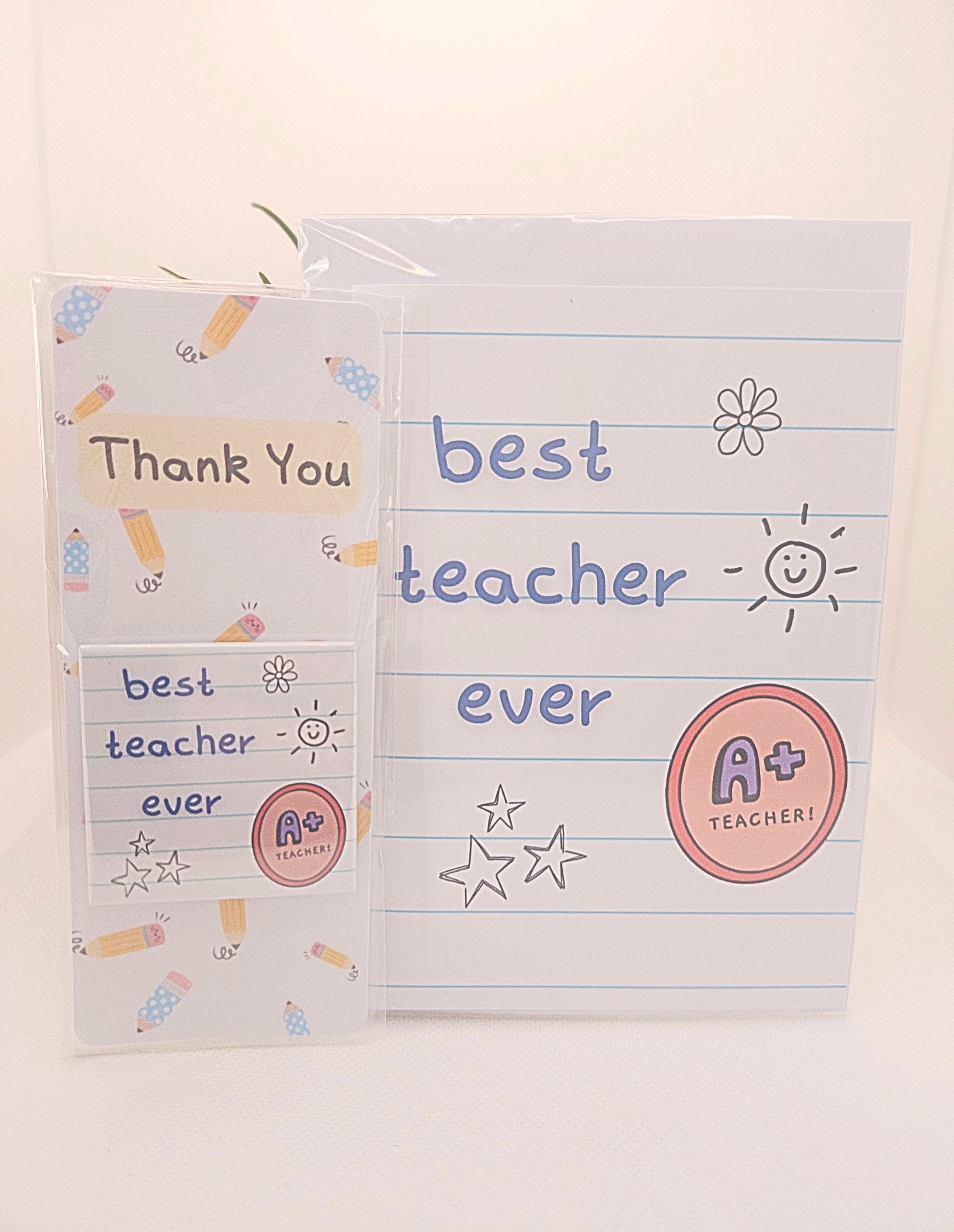 card magmet amd bookmark with best teacher ever text on a notepad background
