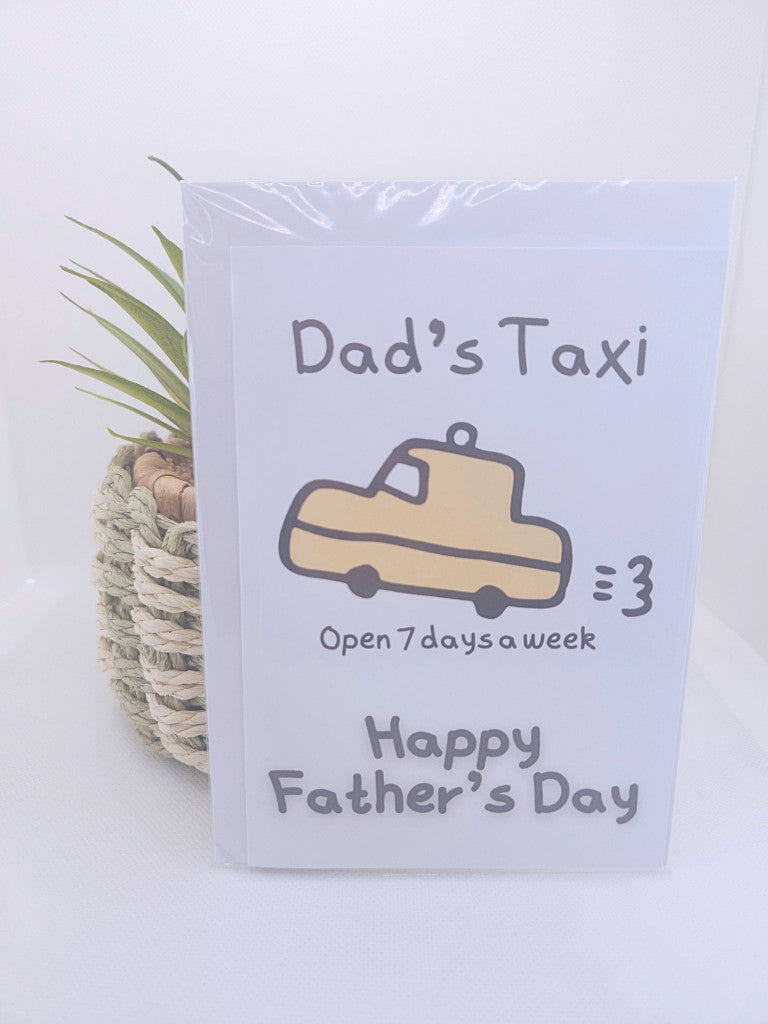 Father's Day card with a taxi illustration and text on a white background