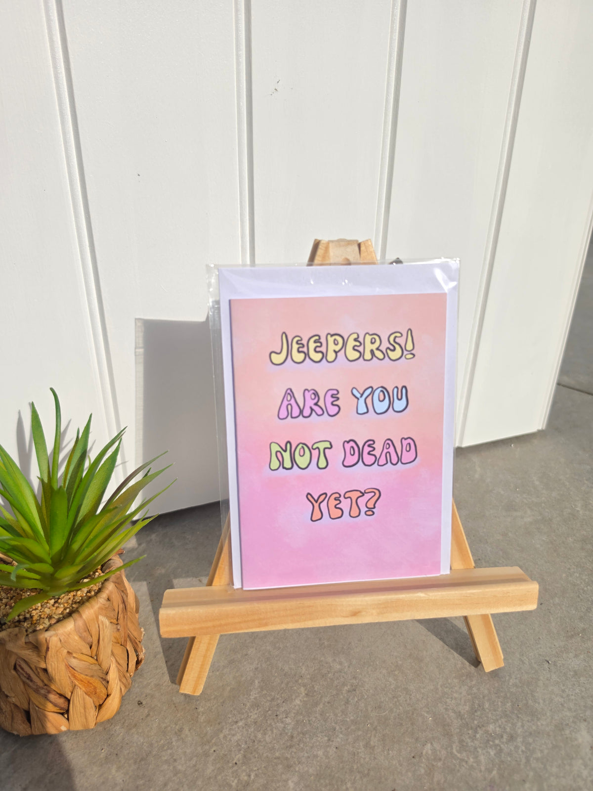 A greeting card with a pink gradient background and the text 'JEEPERS! ARE YOU NOT DEAD YET?' in pastel rainbow letters, displayed on a small wooden easel next to a potted succulent.