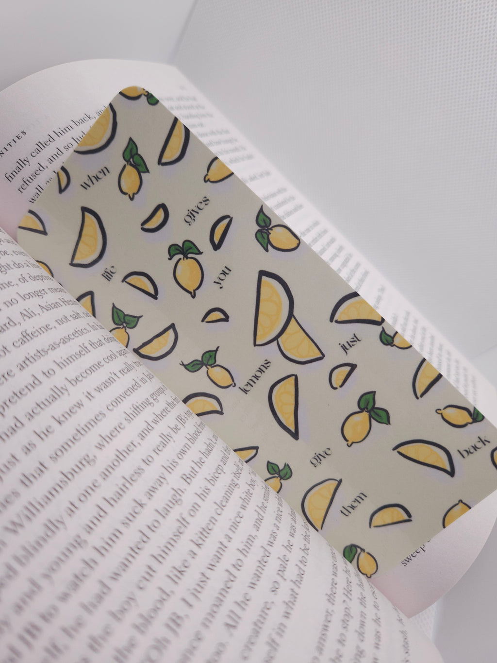 bookmark with lemon pattern displayed on a book