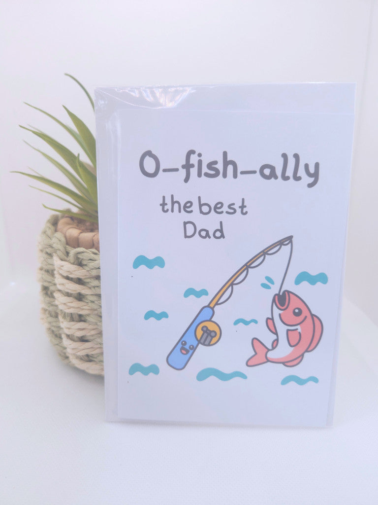 Card with fishing theme and text 'O-fish-ally the best Dad' on a white background