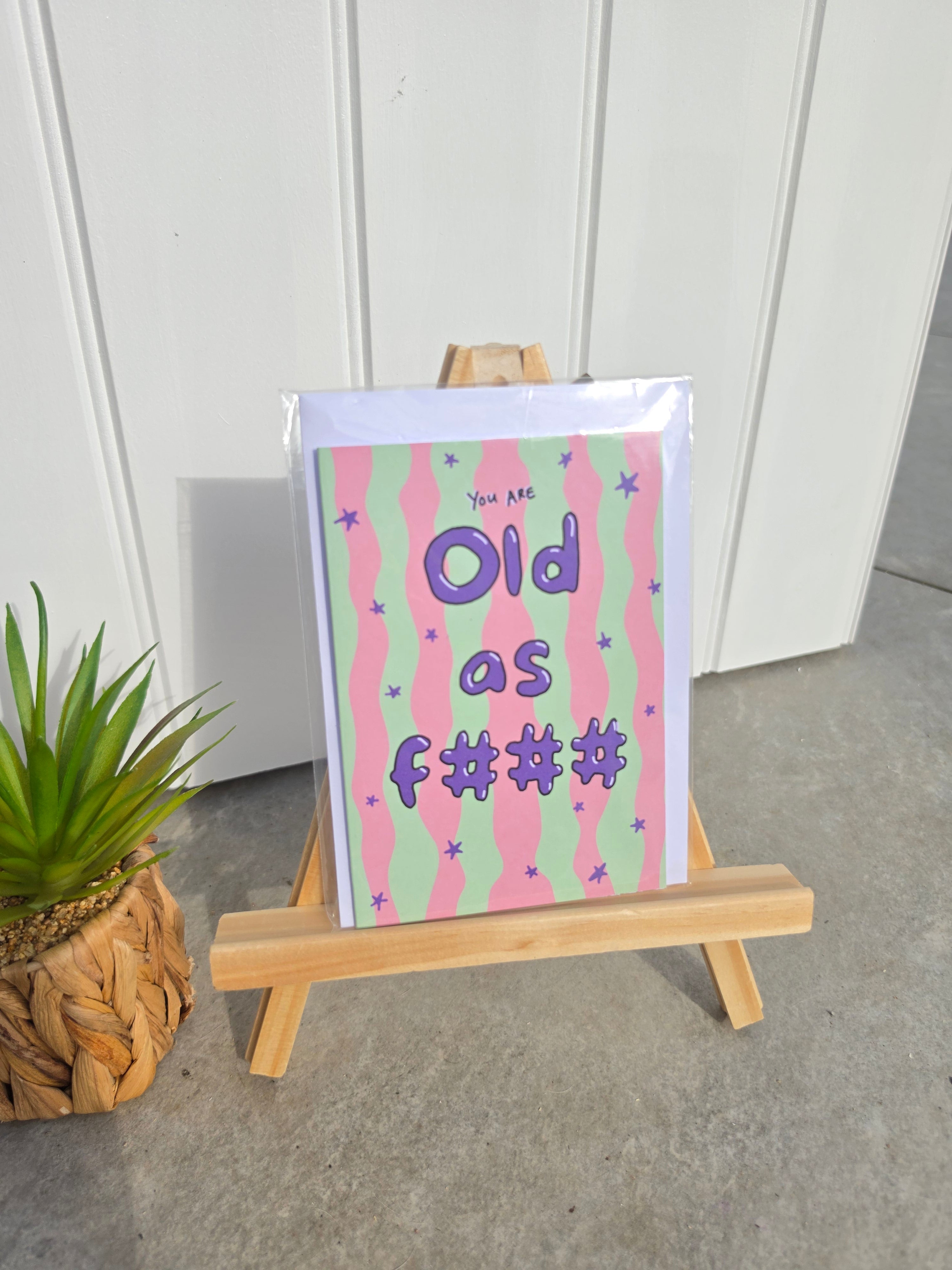 A greeting card with a pink and mint green wavy striped background, purple text reading 'You ARE Old as f#$$#', and small purple stars, displayed on a small wooden easel next to a potted succulent.