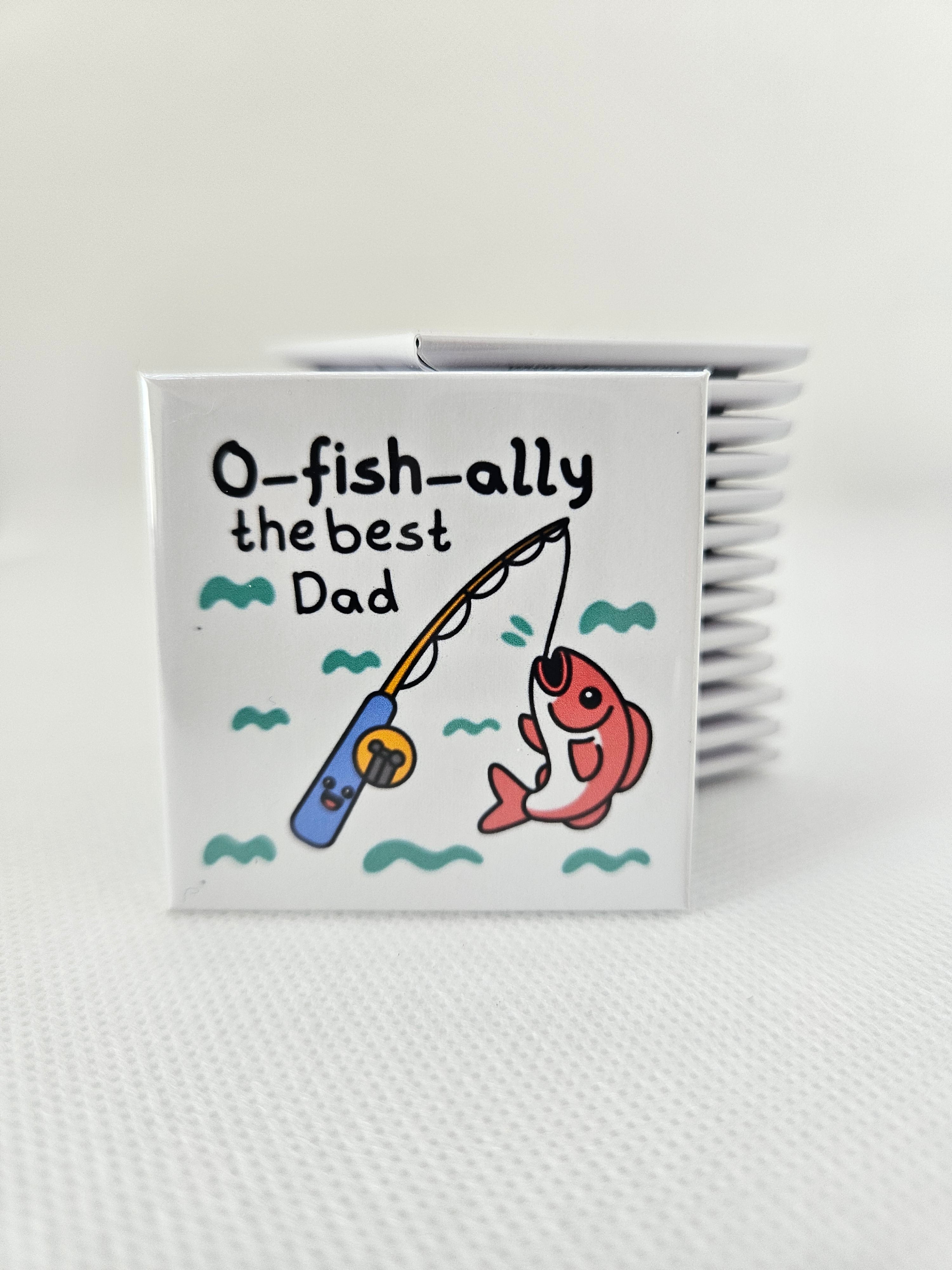 magnet with a fish illustration and text on a white background