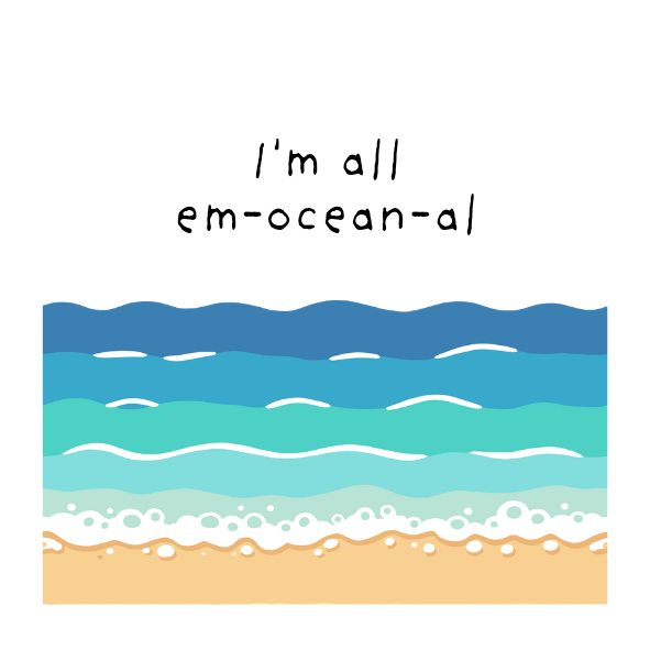 Colorful wave design with 'I'm all em-ocean-al' text on a white background