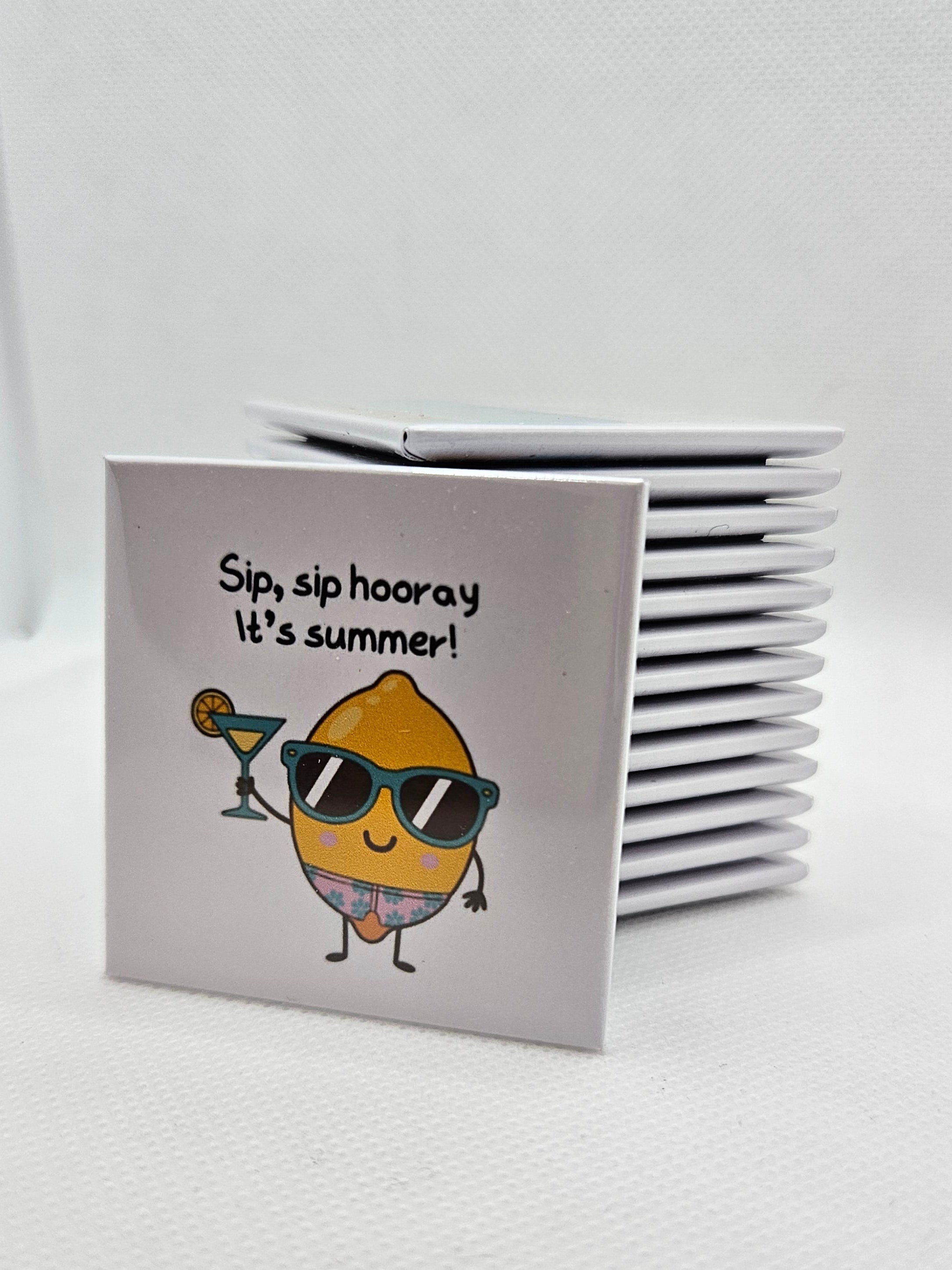 cartoon lemon in sunglasses and hawaiian shorts holding a cocktail