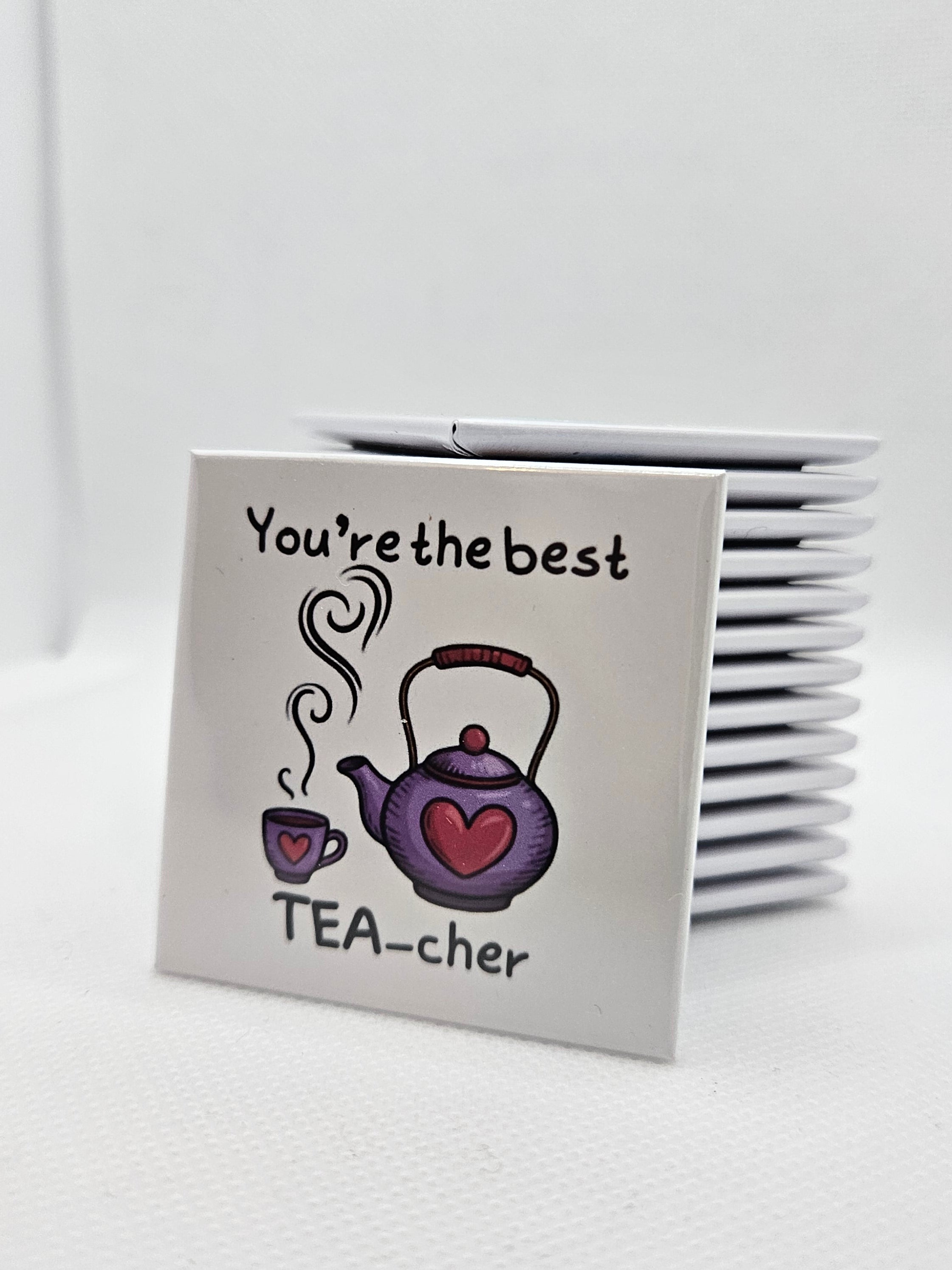 Teacher tea themed magnet with decorative text on a white background