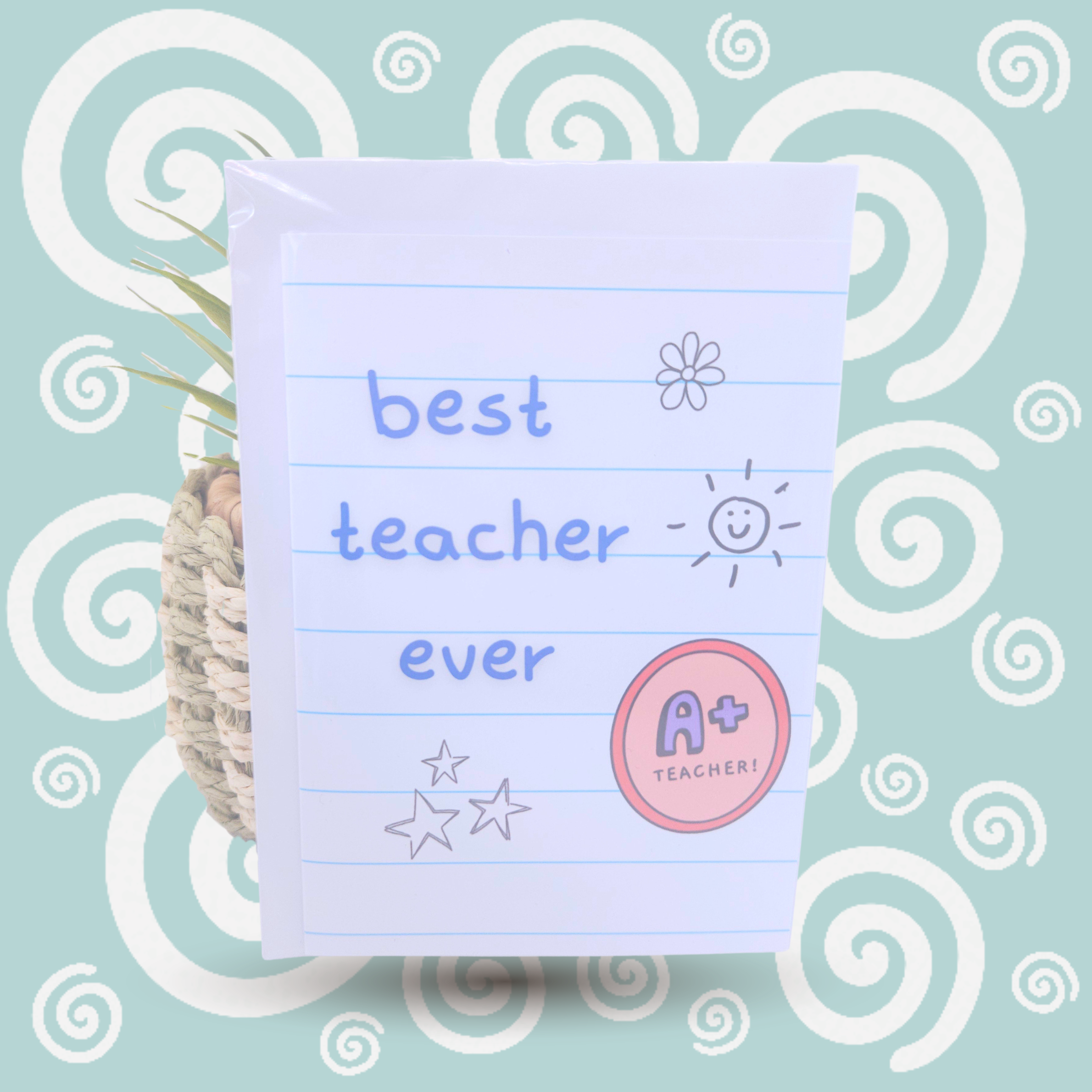 card with 'best teacher ever' text on a decorative background