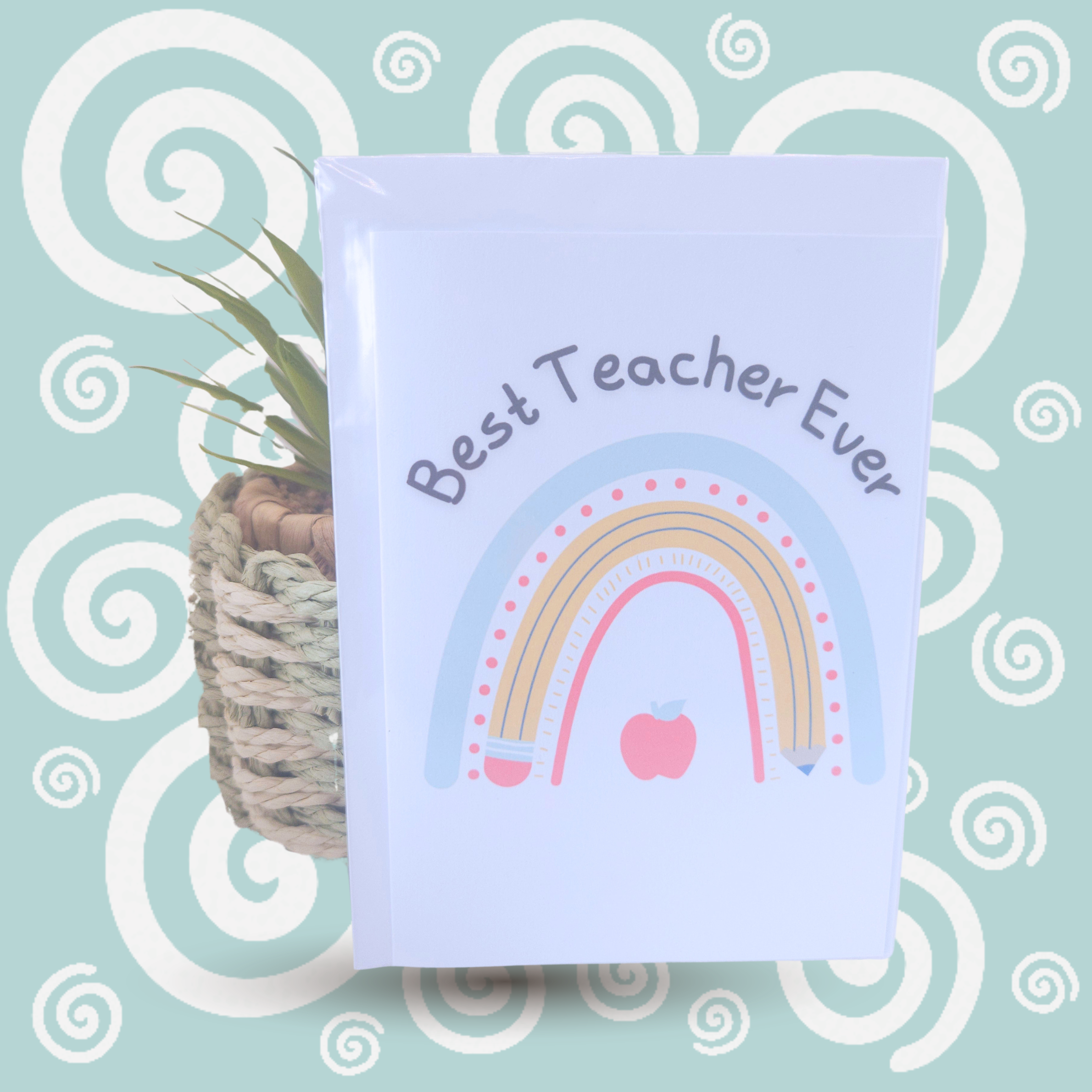card with best teacher ever and a pencil rainbow