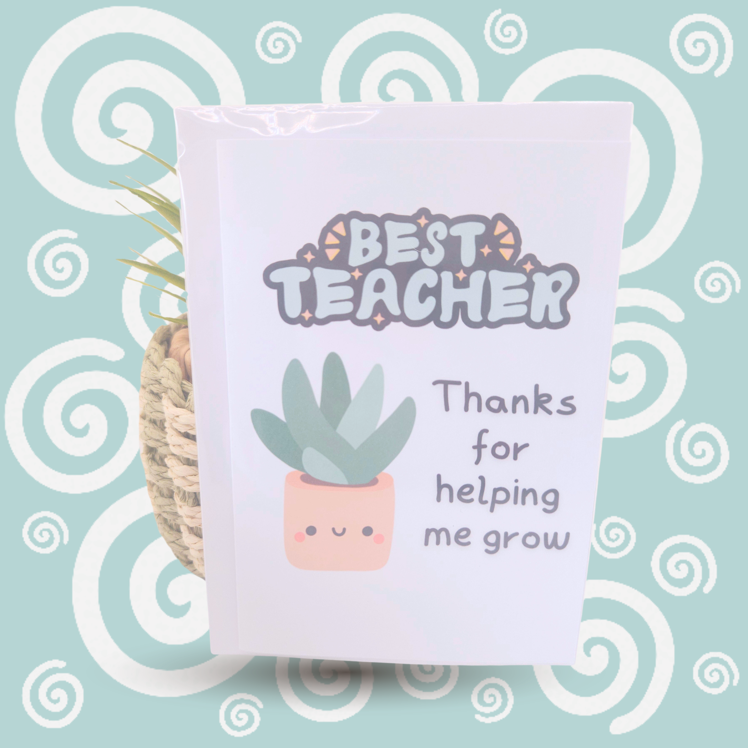 Card with 'Best Teacher' text and a plant illustration on a decorative background