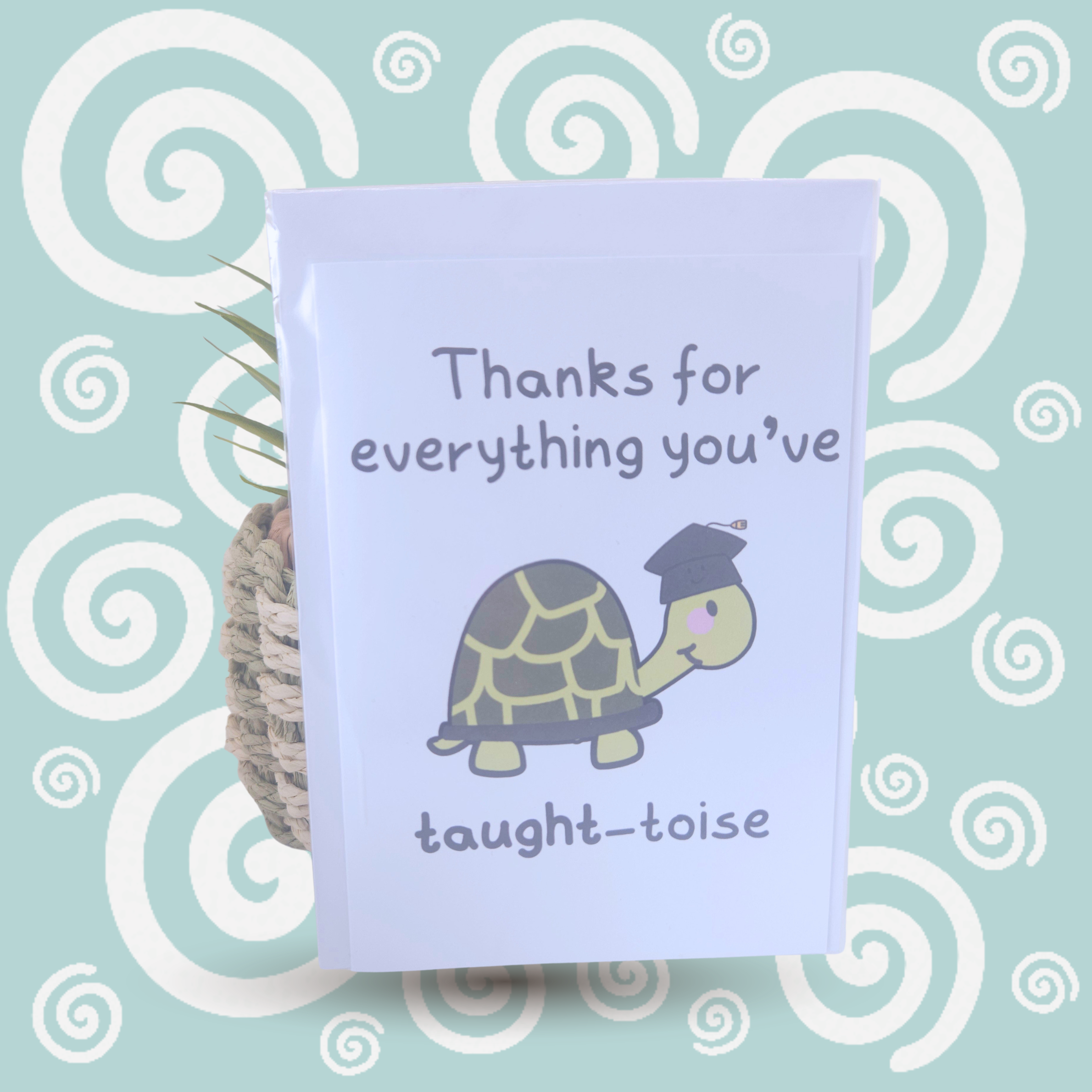 card with turtle illustration and text on a light blue background with white swirls