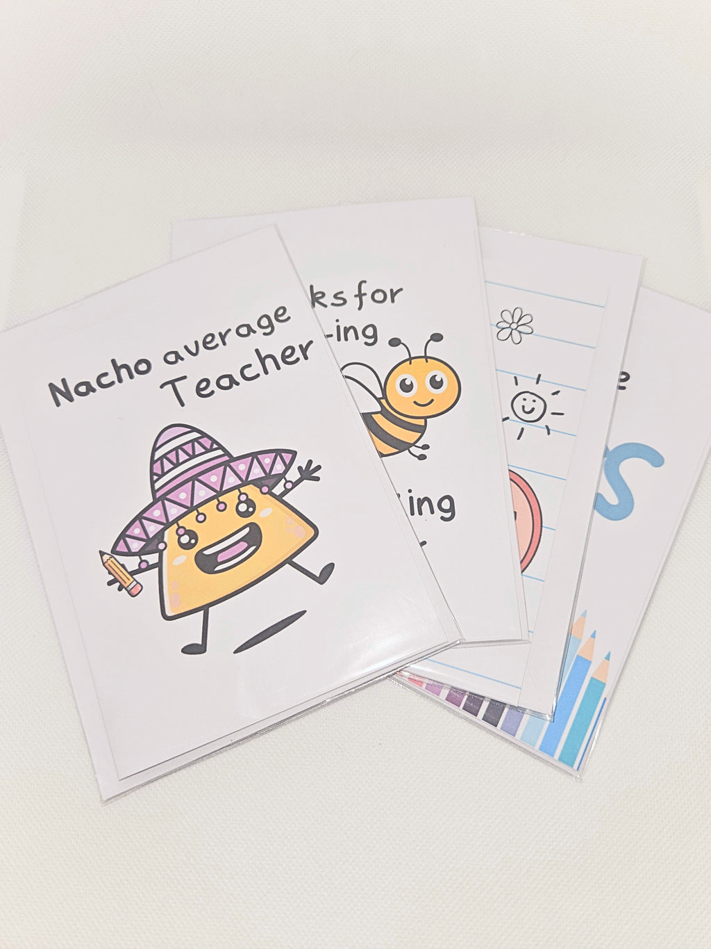 Set of greeting cards with cartoon characters and text on a white background