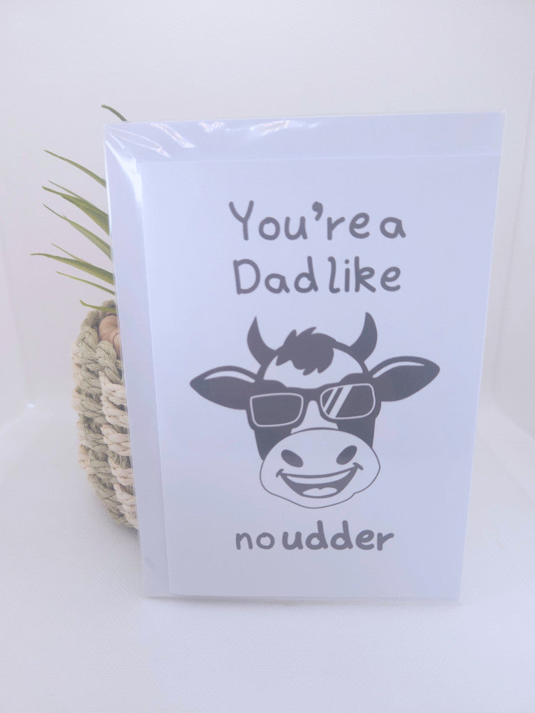 card with a cow illustration and text on a white background